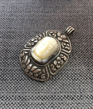 AS IS 92.5 Sterling Silver & Carved Buddha Head Tibetan Pendant - Repousse Carved Silver Lotus Floral Border Set Moonstone Buddha - SS8026B
