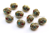10 beads - Tibetan Oval Beads with Circles, Brass, Turquoise & Copal Coral Inlays - B1600-10