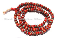 8mm Red Bone Tibetan Prayer Beads - Red Bone Mala Prayer Beads with Brass, Copper, Turquoise & Coral Inlays - PB13S