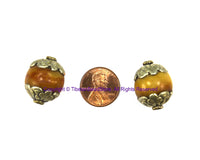 1 BEAD Tibetan Amber Beads - Big Amber Color Resin Bead with Repousse Floral Tibetan Silver Metal Caps - Ethnic Tribal Beads - B3234-1