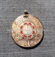 92.5 Sterling Silver & Engraved Cut Handmade Tibetan Shell Pearl Pendant with Coral Inlaid Lotus Floral Design - One of a Kind - SS8027