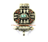 Tibetan Ghau Amulet Prayer Box Pendant with Turquoise & Coral Inlays - 1 PENDANT - 25mm x 40mm - Handmade Ethnic Tibetan Jewelry - WM7701