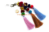 Luxury Pom Pom Tassels - Handmade Multi-colored Pom Pom Tassels with Spring Clip - Boho Long Tassels - Silk Tassels Bag Tassels - BK26F