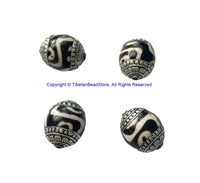 2 BEADS - BIG Tibetan Dzi Resin Beads with Tibetan Silver Caps - Tibetan Beads Ethnic Nepal Tibetan Beads - B2908B-2