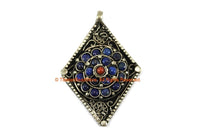 Ethnic Filigree Diamond Kite-shape Nepal Tibetan Pendant with Lapis, Coral Bead Inlays - Ethnic Handmade Jewelry - WM7707