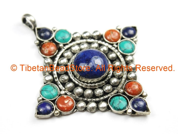 Ethnic Tribal Nepal Tibetan Floral Cross Pendant with Turquoise, Coral & Lapis Inlays - TibetanBeadStore Handmade Jewelry - WM7199A