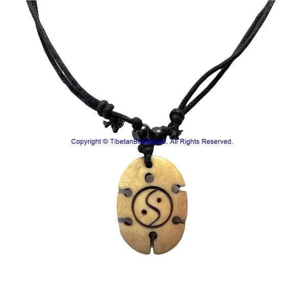 Yin Yang Design Handmade Tibetan Bone Pendant Necklace on Adjustable Cord - Boho Yoga Jewelry - HC166E