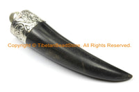 Tibetan Horn Pendant with Repousse Hand Carved Tibetan Silver Cap - Boho Ethnic Tribal Tibetan Horn Tusk Tooth Amulet Pendant - WM6100