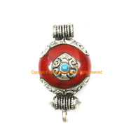 Small Ethnic Tibetan Red Resin Ghau Amulet Charm Pendant with Tibetan Silver Caps, Repousse Auspicious Conch & Bead Inlay Accent - WM7956