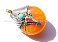 Reversible Ethnic Tibetan Amber Copal Resin Pendant with Tibetan Silver Wire Cap, Brass, Turquoise & Copal Inlays - WM3749