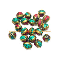 Tibetan Beads - 4 BEADS Turquoise, Coral and Brass Inlaid Beads - Handmade Beads - Inlaid Beads from Nepal - B3235A-4