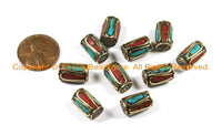 2 BEADS Tibetan Turquoise, Coral & Brass Inlay Beads- Nepalese Beads Tibet Beads Tribal Beads Nepal Beads TibetanBeadStore - B3025-2