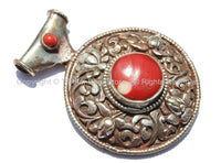 Large Ethnic Tibetan Pendant with Repousse Carved Lotus Floral Details & Red Colored Coral Inlays - Large Tribal Tibetan Pendant - WM5430