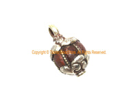 Ethnic Tibetan Old Carnelian Melon-Shaped Drop Charm Pendant with Tibetan Silver Wire Inlay & Repousse Floral Caps - WM7994B