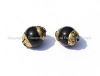 2 BEADS - Tibetan Small Black Onyx Beads with Brass Caps - Small Ethnic Tibetan Beads - Brass Cap Black Onyx - B2568-2
