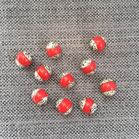 4 BEADS Tibetan Red Coral Color Copal Resin Beads with Floral Repousse Caps - Tibetan Handmade Beads - Red Coral Color Beads - B3458-4