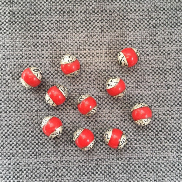 2 BEADS Tibetan Red Coral Color Copal Resin Beads with Floral Repousse Caps - Tibetan Handmade Beads - Red Coral Color Beads - B3458-2