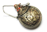 Tibetan Snow Lion Brass & Copper Snuff Perfume Bottle Pendant with Glass Bead Inlays - 37mm x 49mm - Ethnic Tribal Handmade Pendant - WM7268