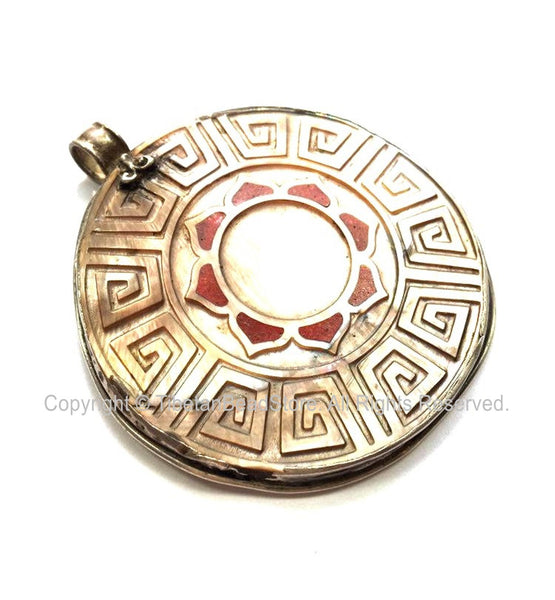 92.5 Sterling Silver & Engraved Cut Handmade Tibetan Shell Pearl Pendant with Coral Inlaid Lotus Floral Design - One of a Kind - SS8027