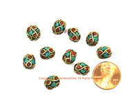 10 BEADS Turquoise, Coral, Brass Inlaid Beads - Tibetan Beads Inlaid Beads Tribal Beads - Handmade Beads - TibetanBeadStore - B3454-10