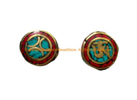 4 BEADS - Handmade Tibetan Disc Shaped Reversible Om Mantra Beads with Brass, Turquoise, Coral Inlays - B3526-4