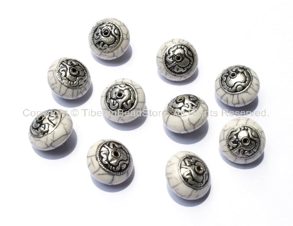 10 beads - Tibetan White Crackle Resin Beads with Tibetan Silver Auspicious Conch Caps - Ethnic beads - B925-10