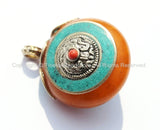Reversible Ethnic Tibetan Amber Copal Resin Pendant with Repousse Tibetan Silver Auspicious Conch & Turquoise, Coral Inlays - WM4987A
