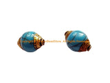 2 BEADS - Tibetan Blue Crackle Resin Beads with Brass Caps - Nepal Tibetan Beads Pendants Jewelry - TibetanBeadStore - B3522-2