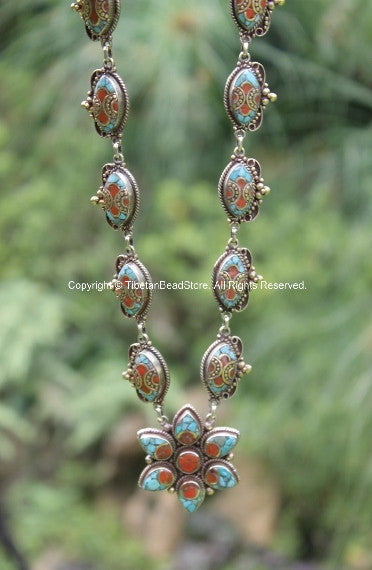 Ethnic Tibetan Flower Necklace with Brass, Turquoise & Coral Inlays - N08
