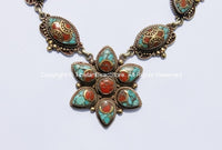 Ethnic Tibetan Flower Necklace with Brass, Turquoise & Coral Inlays - N08