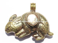 Tibetan Reversible Repousse Tibetan Silver Hare Pendant with Pearl Inlay - Tibetan Rabbit Pendant - Handmade Tibetan Jewelry - WM5337