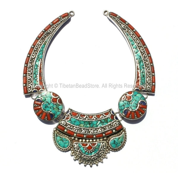 Ethnic Tibetan Necklace Bead Set with Lapis, Turquoise & Coral Inlays - Fine Quality DIY Necklace - DIY Tibetan Jewelry - N177
