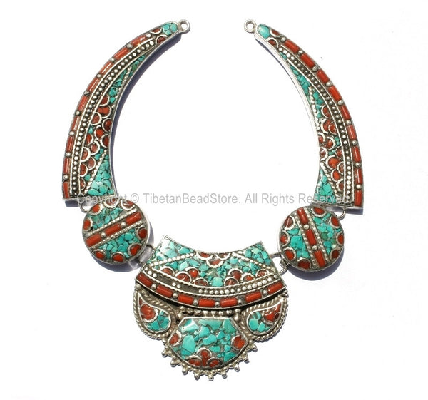 Ethnic Tibetan Necklace Bead Set with Turquoise & Coral Inlays - DIY Necklace - DIY Fine Quality Tibetan Jewelry - N173