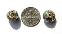 10 BEADS - Ethnic Tibetan Nepalese Floral Disc Brass Beads with Brass, Turquoise & Coral Inlays - B1800-10