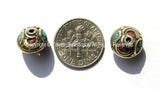 10 BEADS - Ethnic Tibetan Nepalese Floral Disc Brass Beads with Brass, Turquoise & Coral Inlays - B1800-10