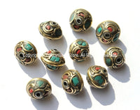 10 BEADS - Ethnic Tibetan Nepalese Floral Disc Brass Beads with Brass, Turquoise & Coral Inlays - B1800-10