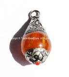 Tibetan Amber Resin Drop Pendant with Tibetan Silver Caps - Handmade Tribal Ethnic Tibetan Pendant - WM2836-1