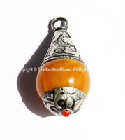 Tibetan Amber Resin Drop Pendant with Tibetan Silver Caps - Handmade Tribal Ethnic Tibetan Pendant - WM2836-1