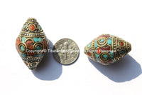 2 BEADS - BIG Tibetan Thick Bicone Beads with Intricate Brass, Turquoise  & Coral Inlays - Ethnic Beads - Tibetan Beads - B1802-2