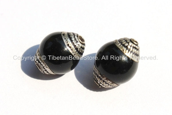 2 BEADS - Tibetan Black Onyx Beads with Tibetan Silver Caps - Ethnic Artisan Handmade Beads - B1808S-2
