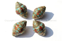 4 BEADS - BIG Tibetan Thick Bicone Beads with Intricate Brass, Turquoise  & Coral Inlays - Ethnic Beads - Unique Artisan Beads - B1802-4
