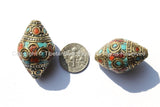 4 BEADS - BIG Tibetan Thick Bicone Beads with Intricate Brass, Turquoise  & Coral Inlays - Ethnic Beads - Unique Artisan Beads - B1802-4