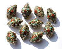 10 BEADS - BIG Tibetan Thick Bicone Beads with Intricate Brass, Turquoise  & Coral Inlays - Ethnic Beads - Big Tibetan Beads - B1802-10