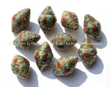10 BEADS - BIG Tibetan Thick Bicone Beads with Intricate Brass, Turquoise  & Coral Inlays - Ethnic Beads - Big Tibetan Beads - B1802-10