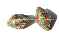 10 BEADS - BIG Tibetan Thick Bicone Beads with Intricate Brass, Turquoise  & Coral Inlays - Ethnic Beads - Big Tibetan Beads - B1802-10
