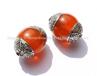 2 BEADS - Tibetan Amber Copal Resin Beads with Repousse Filigree Carved Double Vajra Tibetan Silver Caps - Tibetan Amber - B1395B-2