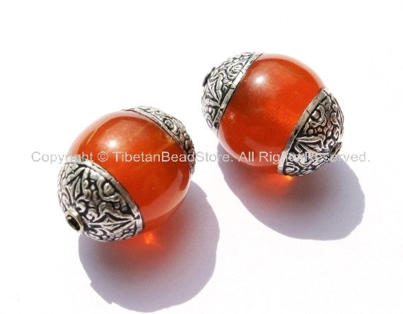 2 BEADS - Tibetan Amber Copal Resin Beads with Repousse Filigree Carved Double Vajra Tibetan Silver Caps - Tibetan Amber - B1395B-2