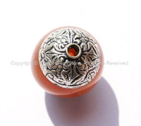 2 BEADS - Tibetan Amber Copal Resin Beads with Repousse Filigree Carved Double Vajra Tibetan Silver Caps - Tibetan Amber - B1395B-2