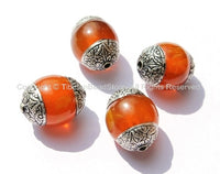 4 beads - Tibetan Amber Beads with Double Vajra Filigree Repousse Tibetan Silver Caps - 17mm x 22mm - Ethnic Tibetan Unique Beads - B1395