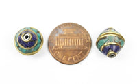 2 BEADS Tibetan Bicone Shape Brass Beads with Lapis, Turquoise Inlays - TibetanBeadStore Brass Inlay Beads- Tibetan Beads - B2750-2